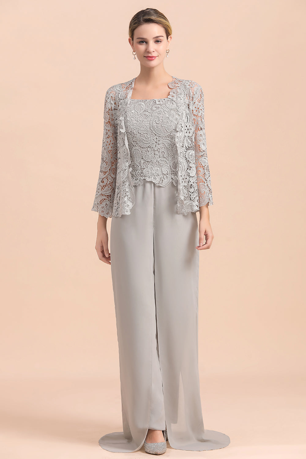Silver Lace Chiffon Mother Of The Bride Jumpsuit with jacket Babyonlines 