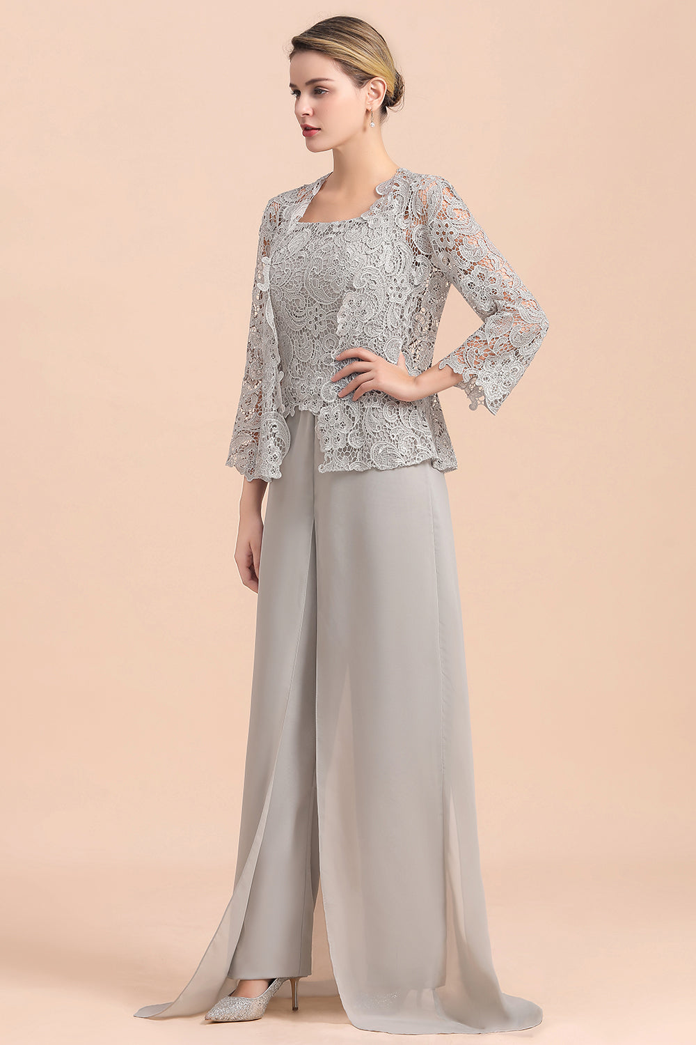 Silver Lace Chiffon Mother Of The Bride Jumpsuit with jacket Babyonlines 