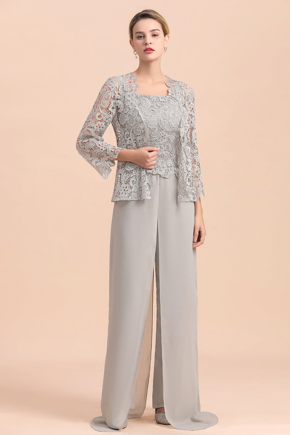 Silver Lace Chiffon Mother Of The Bride Jumpsuit with jacket Babyonlines 