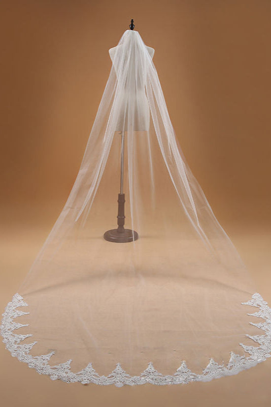 Simple Lace Edge One Tier Tulle Long Wedding Veil