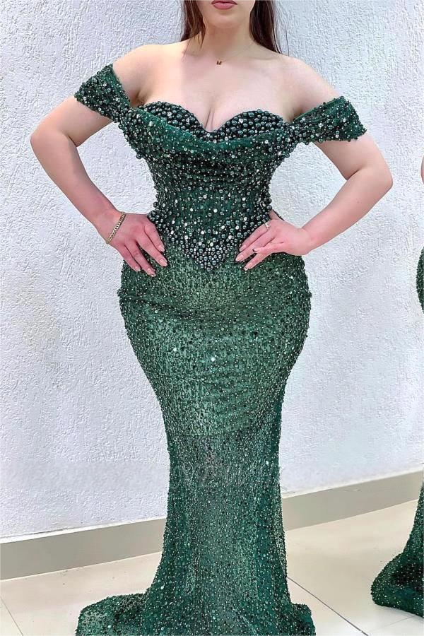 Sparkle Beaded Sweetheart Off The Shoulder Mermaid Long Prom Dress