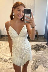 Sparkly V-neck White Beaded Tassel Short Homecoming Dress