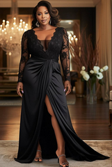 Split Black Long Sleeve Lace Satin Mother Of The Bride Dress Babyonlines 
