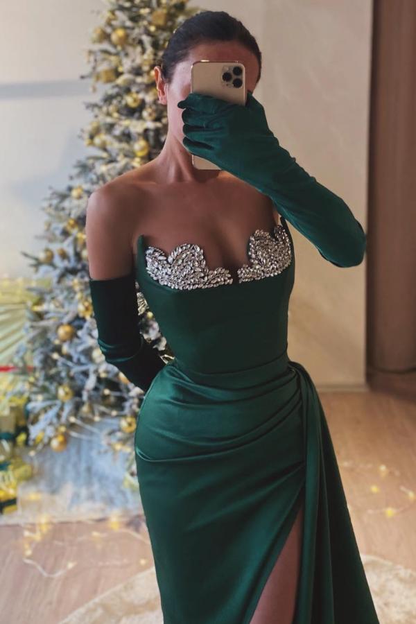 Chic Green Slit Strapless Long Mermaid Prom Dress with Long Gloves