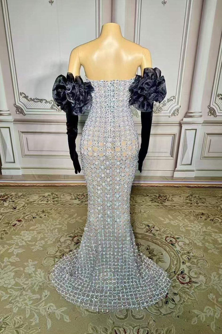 Strapless Sleeveless Tulle Mermaid Rhinestones Long Prom Dress-babyonlines 