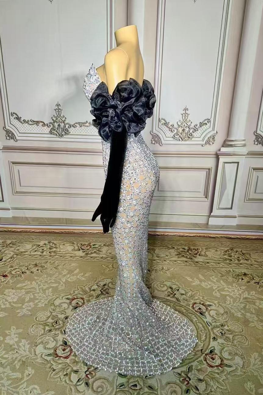Strapless Sleeveless Tulle Mermaid Rhinestones Long Prom Dress-babyonlines 