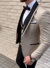 Stylish Black Satin Shawl Lapel Prom Suit with Gold Champagne Three-Piece Design