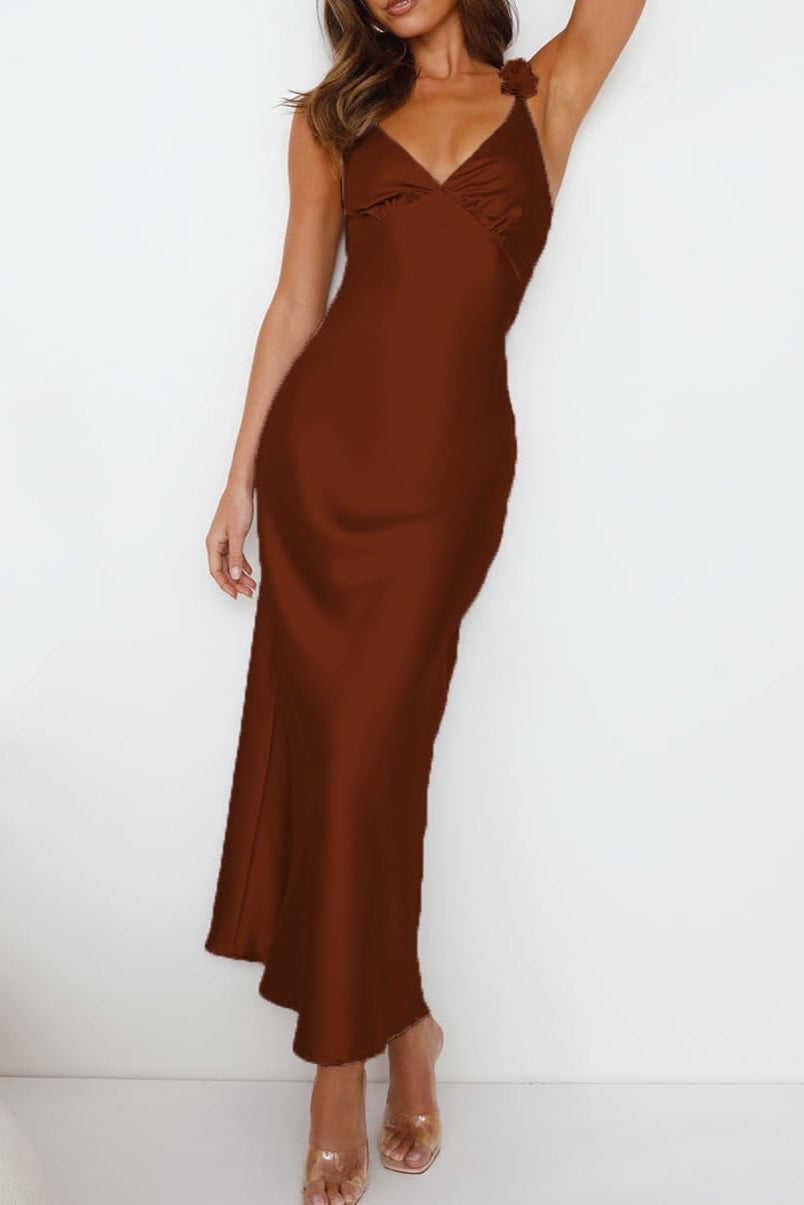 Summer Satin Spaghetti Strap V Neck Wedding Guest Dresses