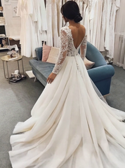 V-neck Glitter Sweep Train Wedding Gown With Appliques Lace