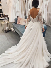 V-neck Glitter Sweep Train Wedding Gown With Appliques Lace