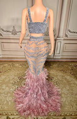 V-neck Sleeveless Feather Mermaid Sequins Long Prom Dress-babyonlines 