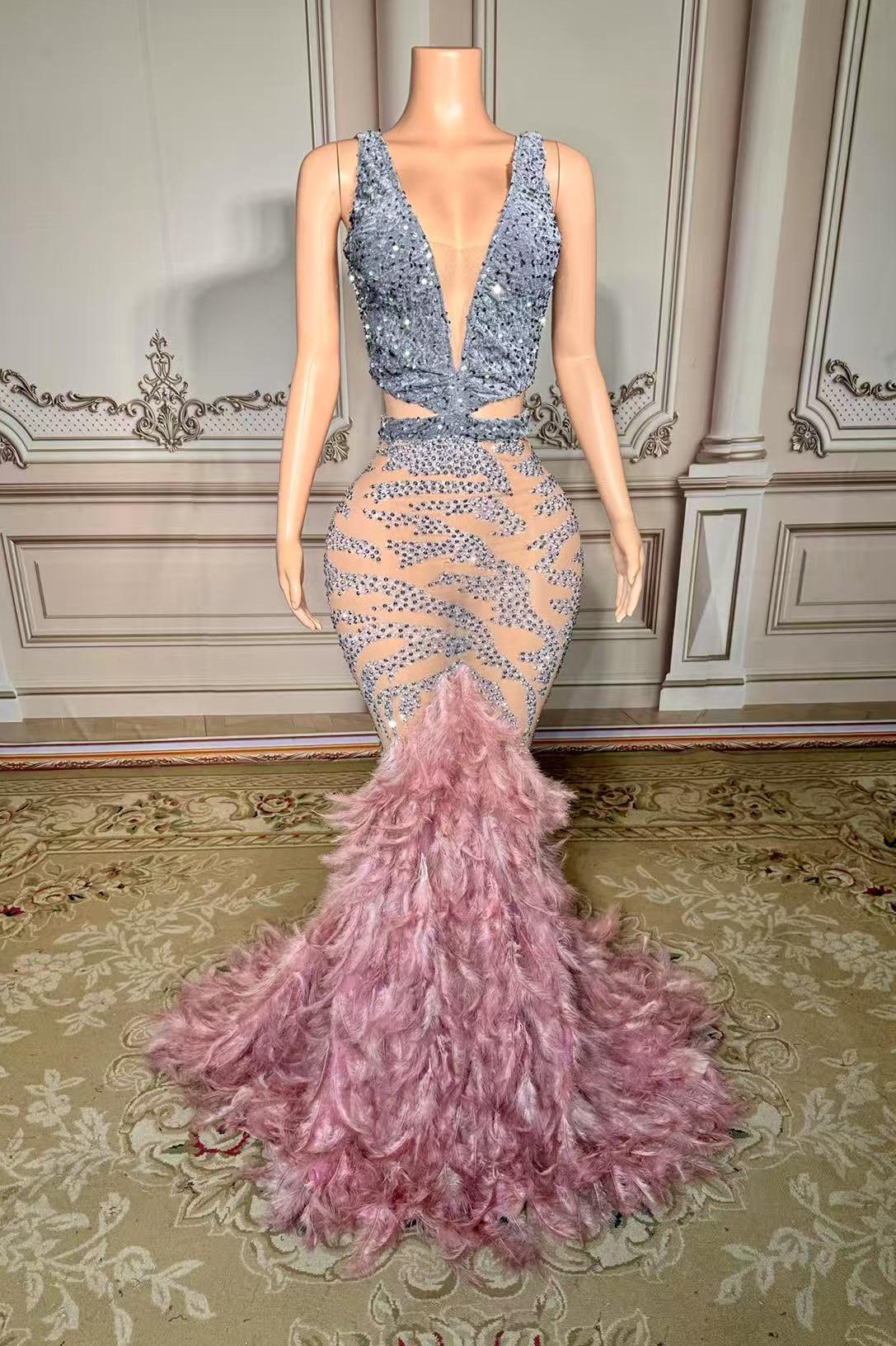 V-neck Sleeveless Feather Mermaid Sequins Long Prom Dress-babyonlines 