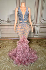 V-neck Sleeveless Feather Mermaid Sequins Long Prom Dress-babyonlines 