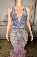 V-neck Sleeveless Feather Mermaid Sequins Long Prom Dress-babyonlines 
