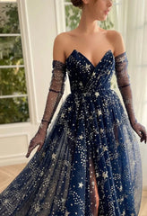 V-neck Tulle Ball Gown with Split Front and Princess Sweep Train Prom Dress
