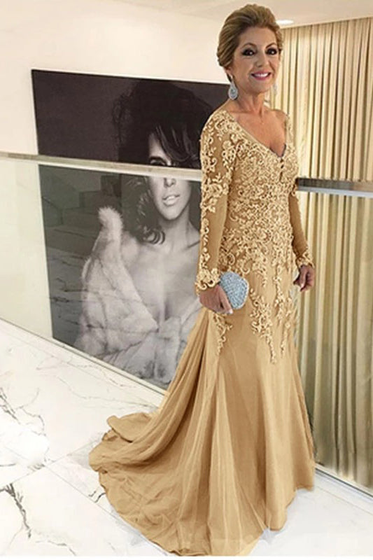 V-neck Tulle Long Sleeve Lace Mother Of The Bride Dresses Babyonlines 