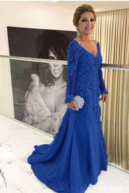 V-neck Tulle Long Sleeve Lace Mother Of The Bride Dresses Babyonlines 