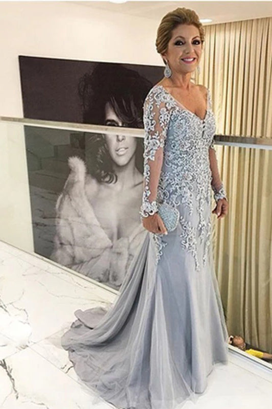 V-neck Tulle Long Sleeve Lace Mother Of The Bride Dresses Babyonlines 