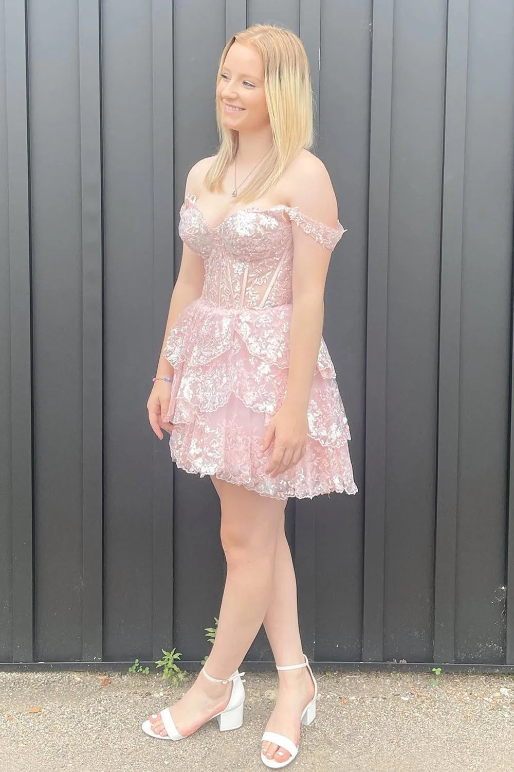 Sparkly Grey A-Line Tiered Lace Short Homecoming Prom Dress