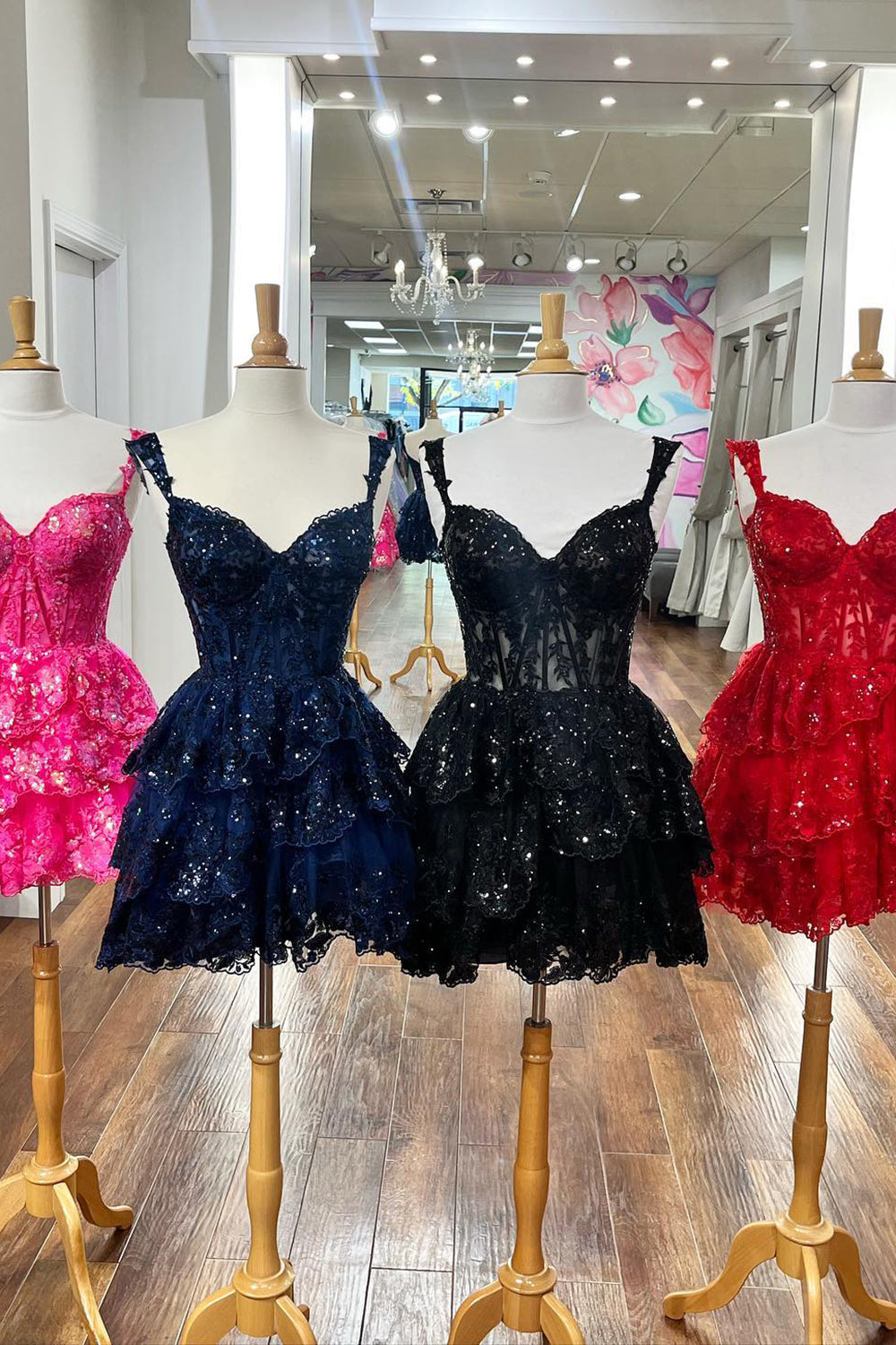 Sparkly Black Corset Tiered Lace A-Line Short Homecoming Prom Dress