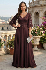 A Line Chiffon 3/4 Flutter Sleeves Mother of the Bride and Groom Dresses with Beaded Lace Embroidered Bodice