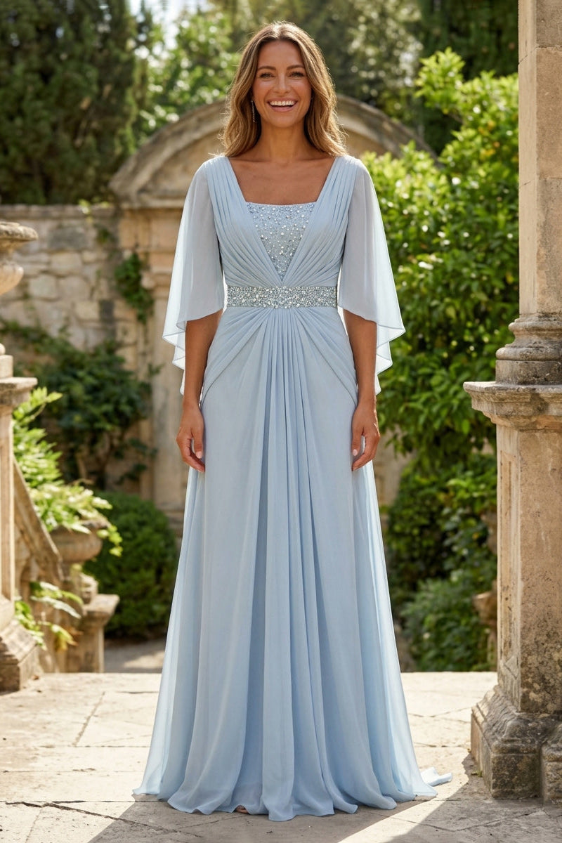 A‑Line Chiffon Pleated Floor‑Length Mother of the Bride & Groom Dress with 3/4 Flutter Sleeves and Sequin Waist