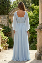 A‑Line Chiffon Pleated Floor‑Length Mother of the Bride & Groom Dress with 3/4 Flutter Sleeves and Sequin Waist