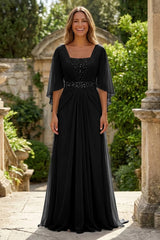 A‑Line Chiffon Pleated Floor‑Length Mother of the Bride & Groom Dress with 3/4 Flutter Sleeves and Sequin Waist