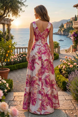 A‑Line Jacquard V‑Neck Mother of the Bride & Groom Dress with Ruffles and Corset Detail