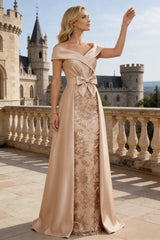 Elegant A Line Off Shoulder Mother of the Bride Dresses with Ruched Bodice Bow and Appliques