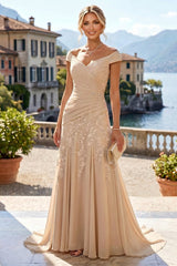 Off‑shoulder A‑line princess mother of the bride dress, chiffon lace gown with ruched bodice lace appliques and sweep train for wedding