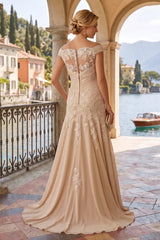 Back view lace chiffon mother of the bride gown, A‑line silhouette with illusion lace back, zipper closure and sweep train floor‑length dress