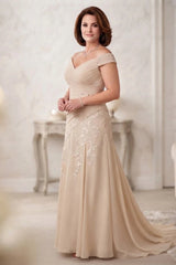 Off Shoulder Chiffon Lace A‑Line Mother of the Bride Dress, Ruched Waist With Sweep Train