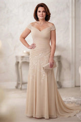 Off Shoulder Chiffon Lace A‑Line Mother of the Bride Dress, Ruched Waist With Sweep Train