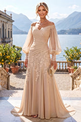 A‑Line Princess Off‑Shoulder Chiffon Floor‑Length Mother of the Bride & Groom Dress with Lace Appliques and Pleats
