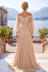 A‑Line Princess Off‑Shoulder Chiffon Floor‑Length Mother of the Bride & Groom Dress with Lace Appliques and Pleats