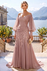 A‑Line Princess Off‑Shoulder Chiffon Floor‑Length Mother of the Bride & Groom Dress with Lace Appliques and Pleats