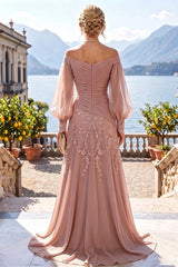 A‑Line Princess Off‑Shoulder Chiffon Floor‑Length Mother of the Bride & Groom Dress with Lace Appliques and Pleats