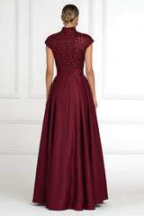 A‑Line Princess Stand Collar Short Sleeve Long Mother of the Bride Dress