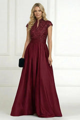 A‑Line Princess Stand Collar Short Sleeve Long Mother of the Bride Dress