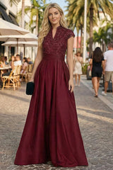 A‑Line Princess Stand Collar Short Sleeve Long Mother of the Bride Dress