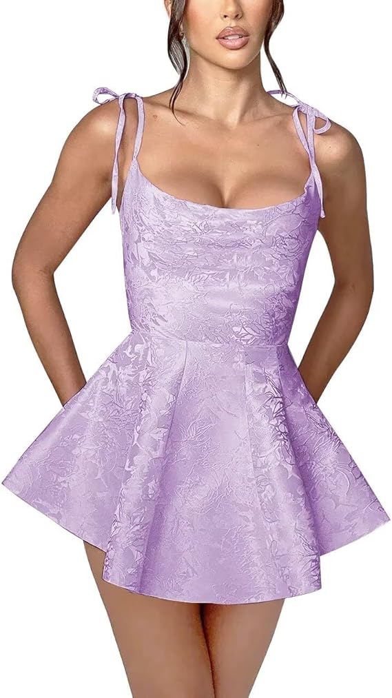 A-line Spaghetti Straps Satin Sleeveless Party Dress Jacquard Short Homecoming Dress