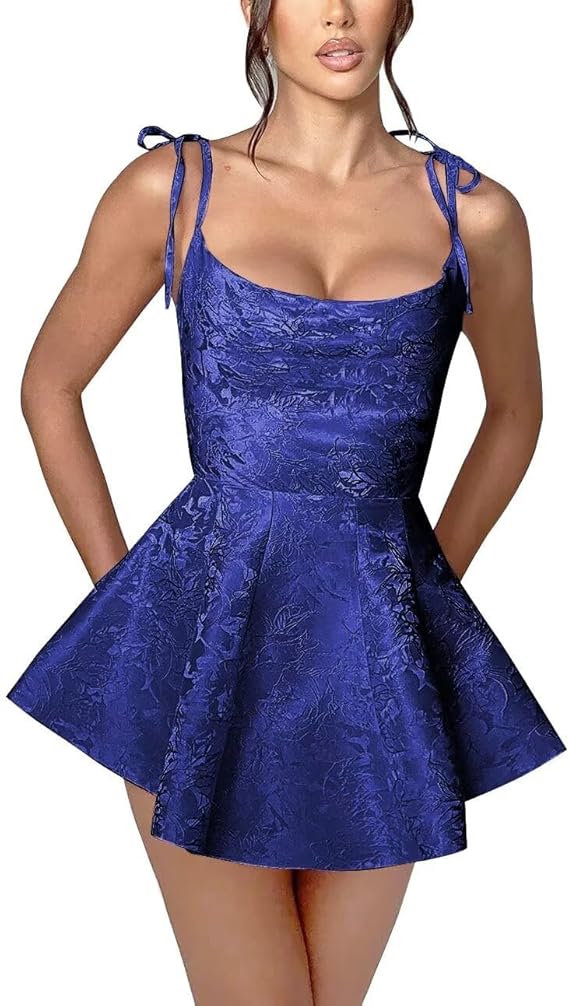 A-line Spaghetti Straps Satin Sleeveless Party Dress Jacquard Short Homecoming Dress
