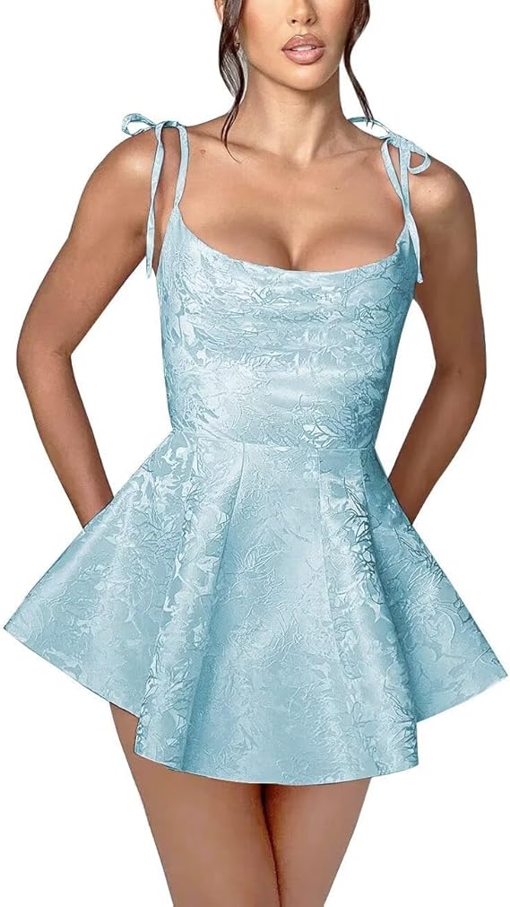A-line Spaghetti Straps Satin Sleeveless Party Dress Jacquard Short Homecoming Dress