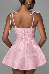 A-line Spaghetti Straps Satin Sleeveless Party Dress Jacquard Short Homecoming Dress