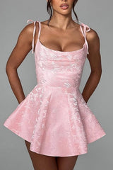 A-line Spaghetti Straps Satin Sleeveless Party Dress Jacquard Short Homecoming Dress
