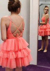 A-line V Neck Sleeveless Tulle Homecoming Dress with Pleated Ruffles - Babyonlines