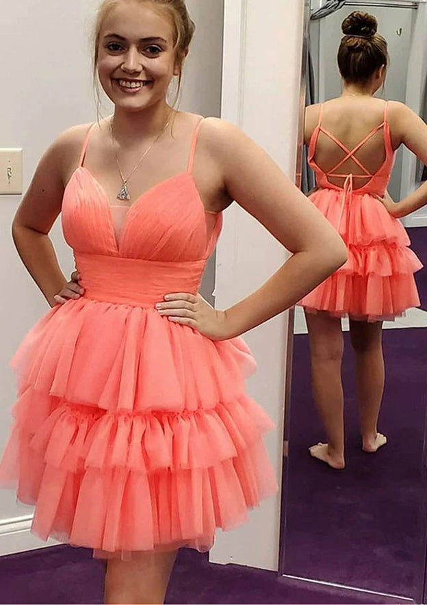 A-line V Neck Sleeveless Tulle Homecoming Dress with Pleated Ruffles - Babyonlines