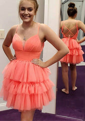 A-line V Neck Sleeveless Tulle Homecoming Dress with Pleated Ruffles - Babyonlines