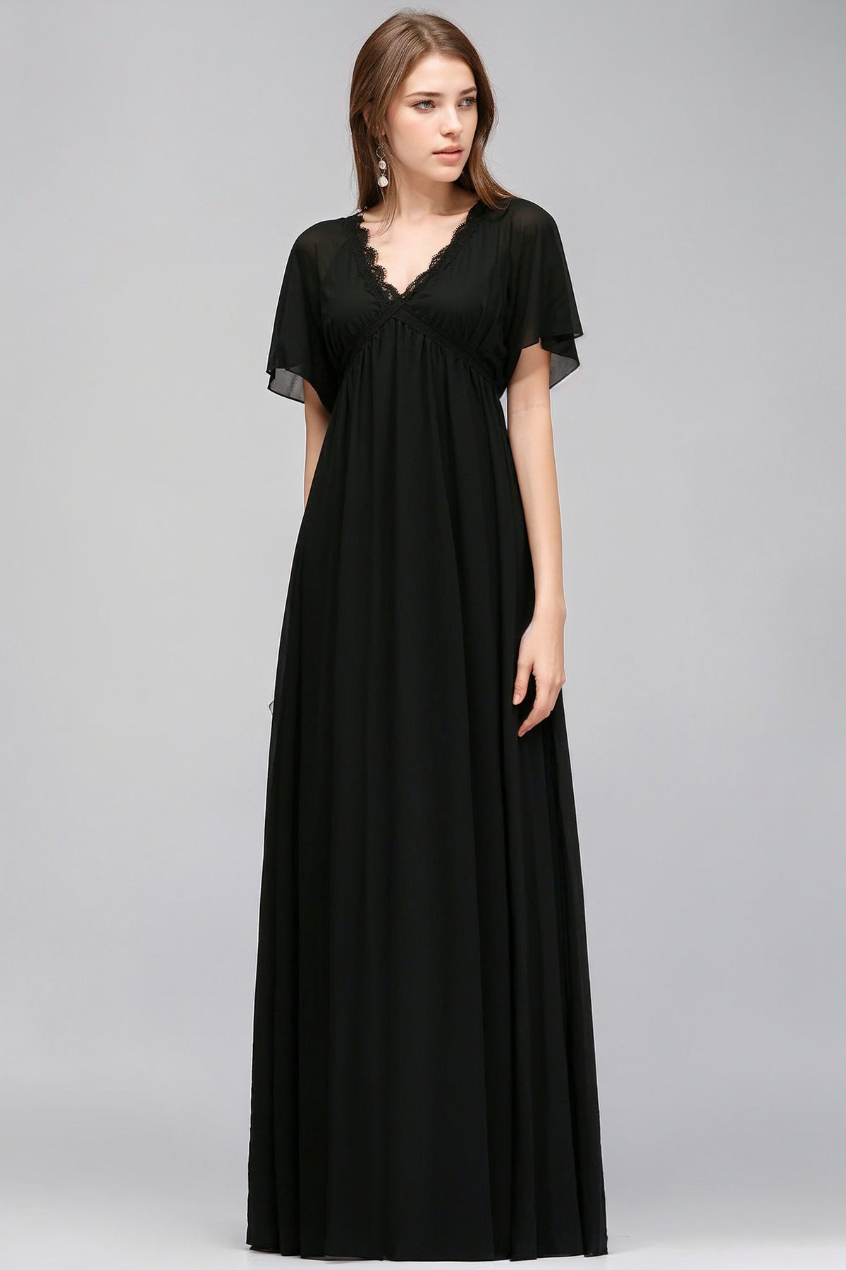 Affordable Chiffon Black V-Neck Bridesmaid Dresses with Short-Sleeves – Babyonlines